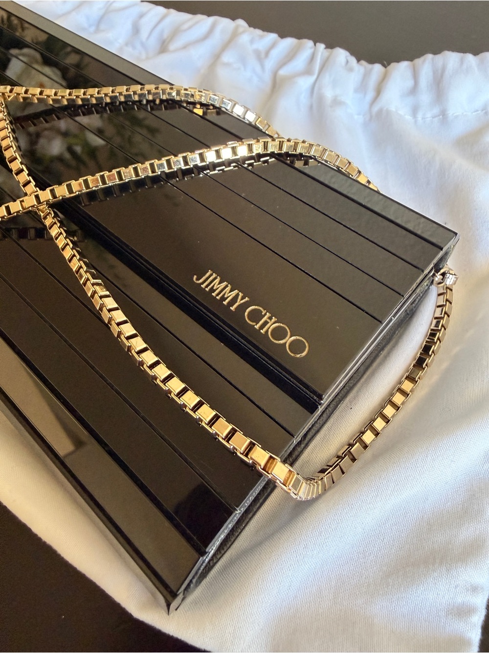 Jimmy Choo Sweetie Acrylic Clutch in Black with optional metal shoulder chain